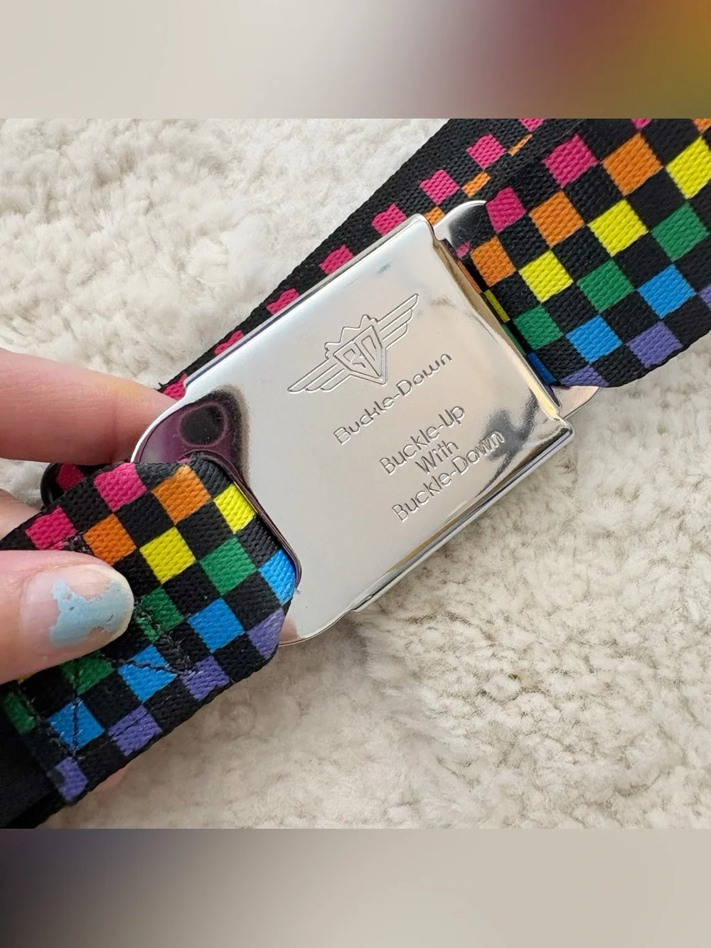 Buckle-Down Rainbow Checkered Seatbelt Adjustable Belt XL 32-52”